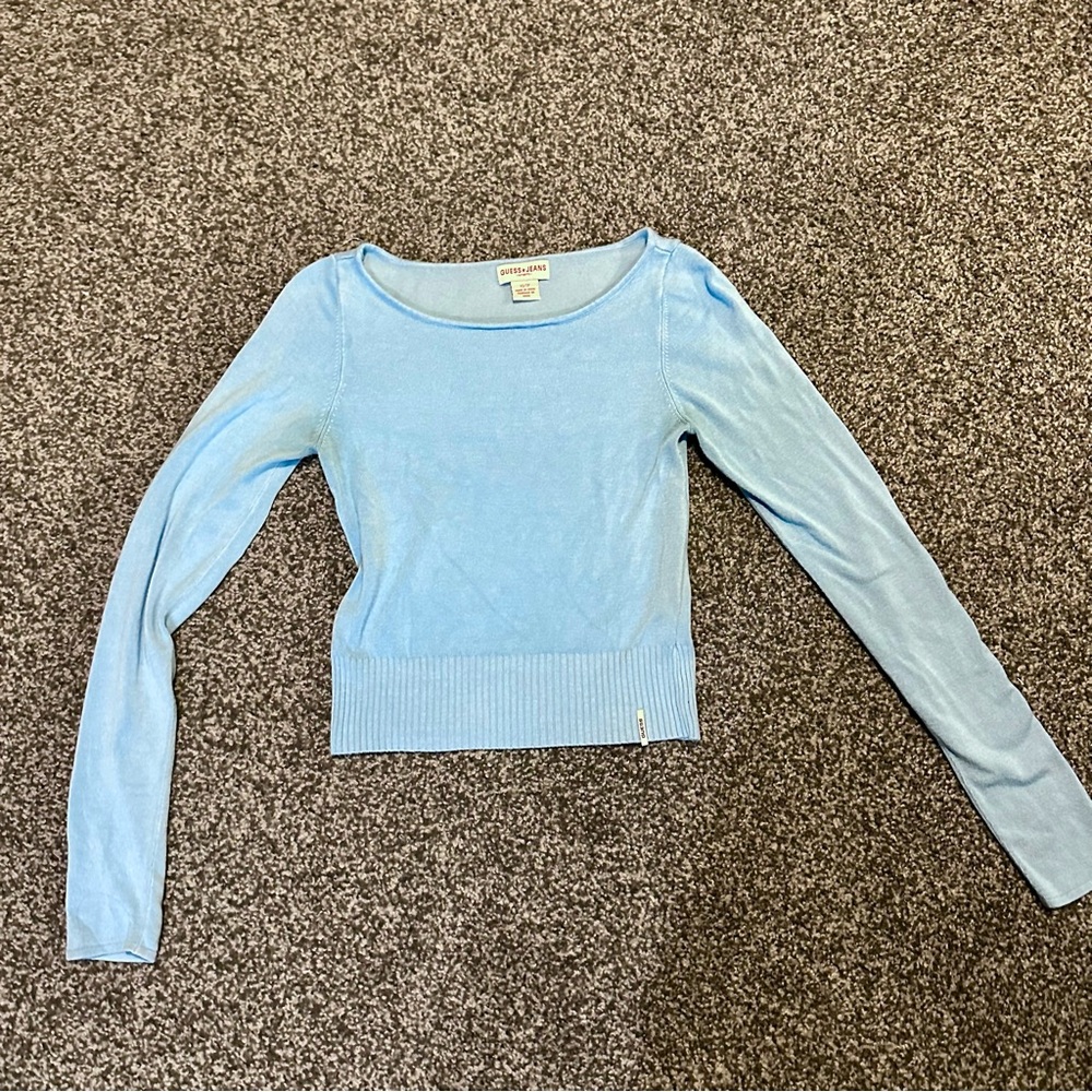 VINTAGE GUESS Knit Long Sleeve Baby Blue Crop Top